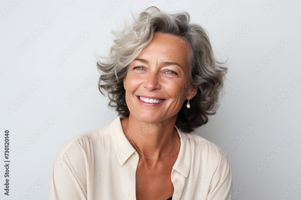 Portrait of a smiling senior woman looking at the camera over grey background Portrait of a smiling senior woman looking at the camera over grey background
