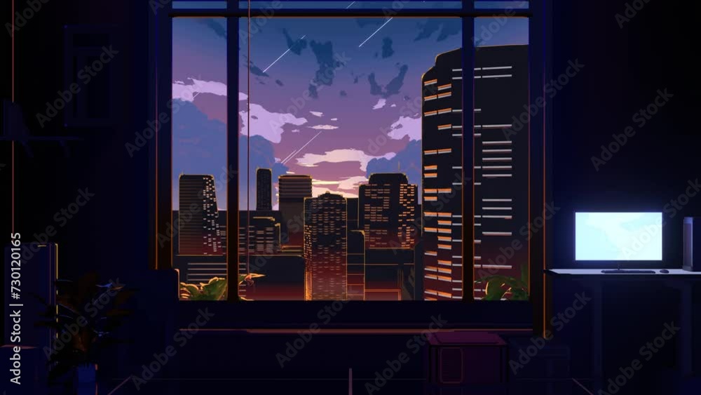 anime style background scenery of a room with open window in the city, evening scene with shooting star seamless loop