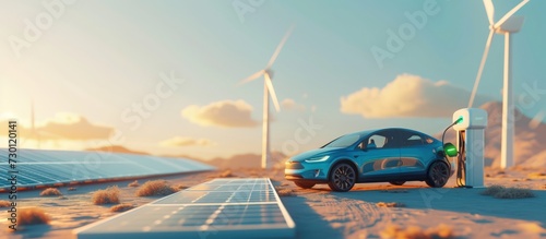 Electric vehicle on charge station using sustainable solar panel and windmill. AI generated image photo