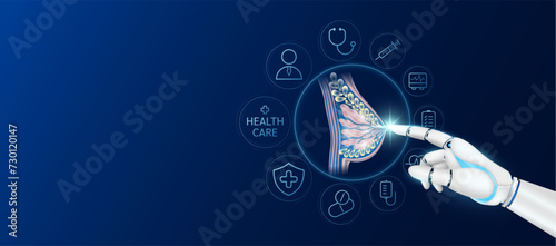 Innovative technology in health care futuristic. Doctor robot cyborg finger touching female breast with medical icons. Human organ virtual interface. Ads banner empty space for text. Vector.