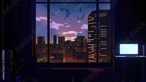 anime style background scenery of a room with open window in the city, evening scene with shooting star seamless loop