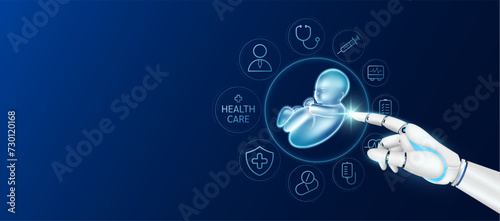 Innovative technology in health care futuristic. Doctor robot cyborg finger touching fetus with medical icons. Human organ virtual interface. Ads banner empty space for text. Vector.