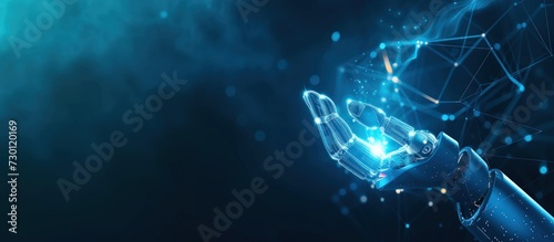 Hand robot artificial intelligence assistance for medical operation on blue background. AI generated
