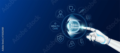 Innovative technology in health care futuristic. Doctor robot cyborg finger touching eyeball with medical icons. Human organ virtual interface. Ads banner empty space for text. Vector.