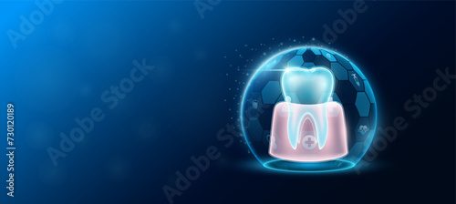 Gum teeth human organ inside dome shield protection futuristic and medical icon transparent. Technology innovation health care. Medical science ads website banner with empty space for text. Vector.