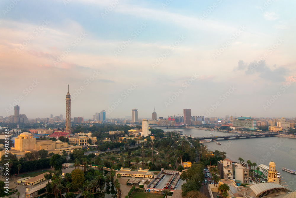 Aerial view of Cairo tower and the Nile river in Cairo, Egypt