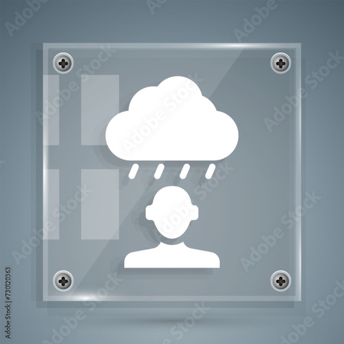 White Depression and frustration icon isolated on grey background. Man in depressive state of mind. Mental health problems. Square glass panels. Vector