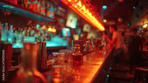 image of wooden table in front of abstract blurred background of bar lights