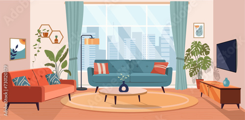 Living room interior. Comfortable sofa, TV,  window, chair and house plants. Vector flat illustration