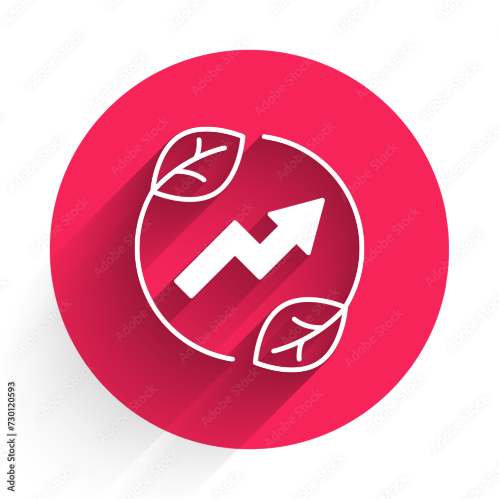 White Electric saving plug in leaf icon isolated with long shadow background. Save energy electricity. Environmental protection. Bio energy. Red circle button. Vector White Electric saving plug in leaf icon isolated with long shadow background. Save energy electricity. Environmental protection. Bio energy. Red circle button. Vector