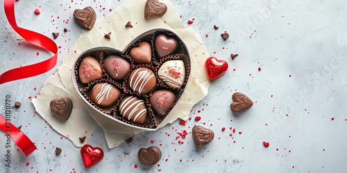 Boîte en forme de coeur avec de délicieux bonbons au chocolat et ruban sur table gris clair à plat