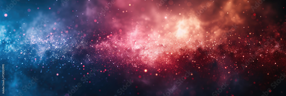red and blue white  background with stars in dust, red  blue glitter sparkle on dark  background, circle bokeh, defocused, blue red space galaxy , nebula,  cosmos banner poster background