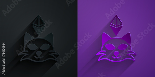 Paper cut NFT Digital crypto art icon isolated on black on purple background. Non fungible token. Paper art style. Vector
