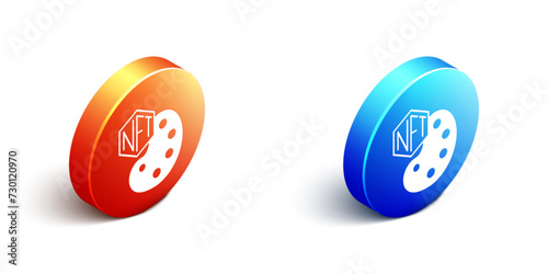 Isometric NFT Digital crypto art icon isolated on white background. Non fungible token. Orange and blue circle button. Vector