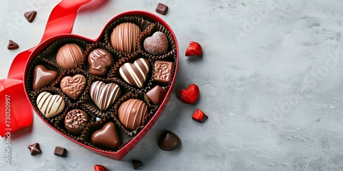 Boîte en forme de cœur pour la saint-valentin avec de délicieux chocolat et ruban sur table gris clair à plat