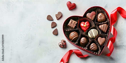 Boîte en forme de coeur avec de délicieux bonbons au chocolat et ruban sur table gris clair à plat