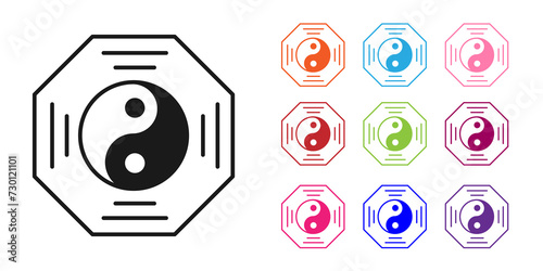 Black Yin Yang symbol of harmony and balance icon isolated on white background. Set icons colorful. Vector
