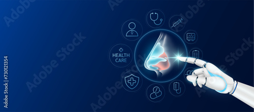 Innovative technology in health care futuristic. Doctor robot cyborg finger touching nose with medical icons. Human organ virtual interface. Ads banner empty space for text. Vector. photo