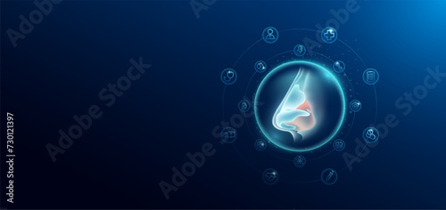 Medical health care. Human nose in transparent bubbles surround with medical icon. Technology innovation healthcare hologram organ on dark blue background. Banner empty space for text. Vector.