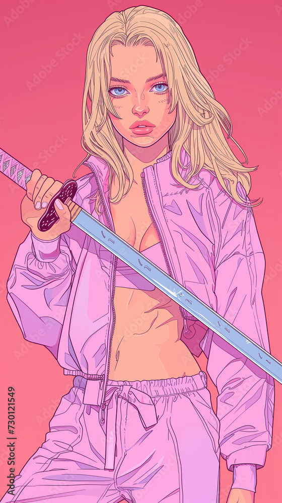 Beautiful blonde with blue eyes stands with a katana in her hands Beautiful blonde with blue eyes stands with a katana in her hands