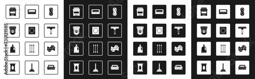 Set Sponge, Condom in package safe sex, Epilator, Antiperspirant deodorant roll, Rubber cleaner, Bar of soap, and Bottle for cleaning agent icon. Vector
