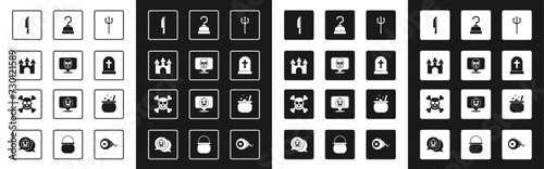 Set Neptune Trident, Skull, Castle, Knife, Tombstone with cross, Pirate hook, Halloween witch cauldron and crossbones icon. Vector