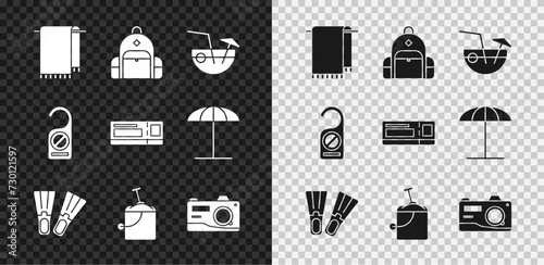 Set Towel on a hanger, Hiking backpack, Coconut cocktail, Rubber flippers, Sand bucket with shovel, Photo camera, Please do not disturb and Travel ticket icon. Vector