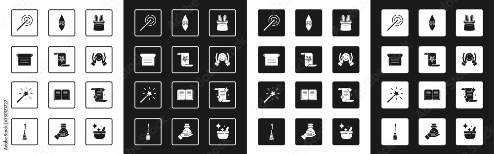 Set Magician hat and rabbit ears, Ancient magic book, wand, ball on hand, Wizard warlock, and icon. Vector Set Magician hat and rabbit ears, Ancient magic book, wand, ball on hand, Wizard warlock, and icon. Vector