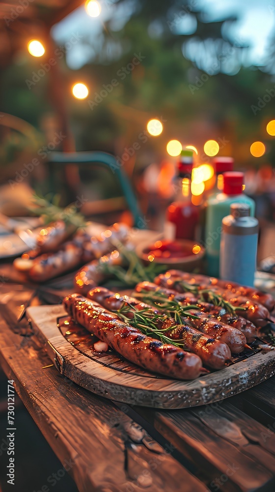 Very delicious looking sausages are on a cooked wooden serving plate on a wooden table Very delicious looking sausages are on a cooked wooden serving plate on a wooden table