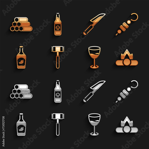 Set Kitchen hammer, Grilled shish kebab, Campfire, Wine glass, Ketchup bottle, Knife, Wooden logs and Beer icon. Vector