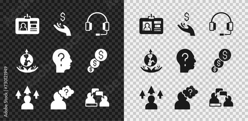 Set Identification badge, Hand holding coin money, Headphones, Front end development, with question mark, Two sitting talking, World expansion and icon. Vector