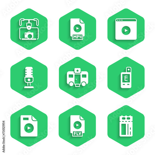 Set Actor trailer, FLV file document, Cinema ticket, Light meter, AVI, Microphone, Online play video and Gimbal stabilizer with camera icon. Vector