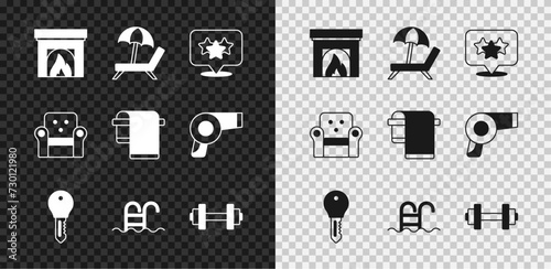 Set Interior fireplace, Sunbed with umbrella, Stars rating, Hotel door lock key, Swimming pool, Dumbbell, Armchair and Towel on hanger icon. Vector