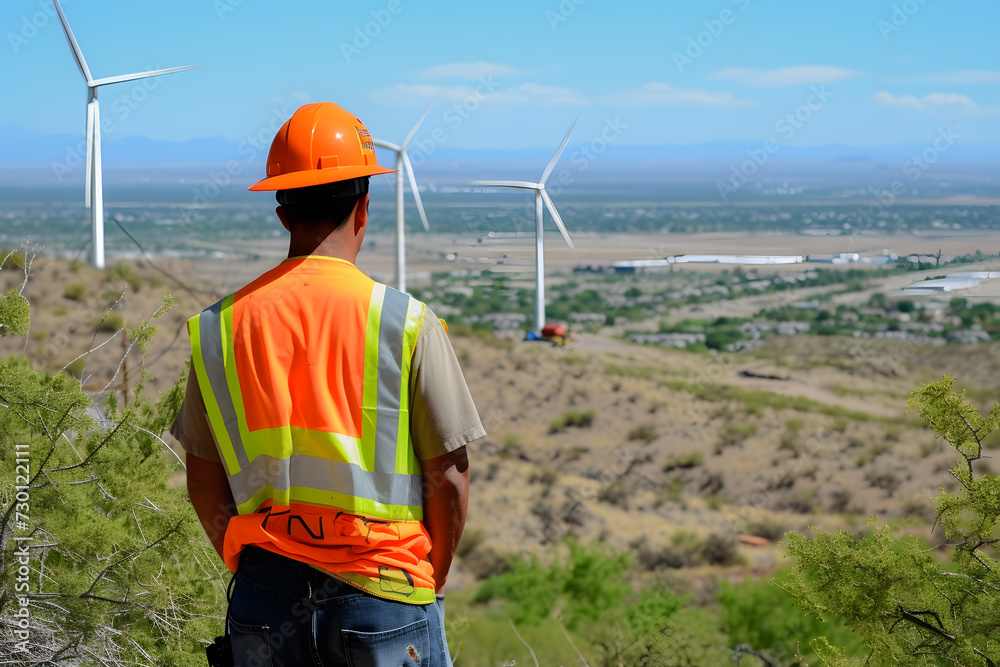 Engineer looking at windmills, landscape with wind turbines Engineer looking at windmills, landscape with wind turbines