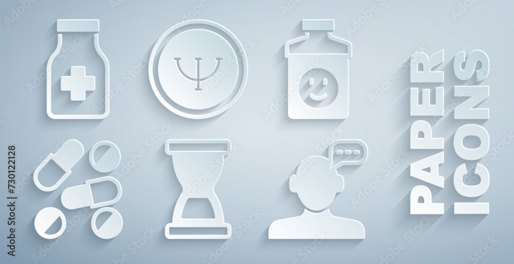 Set Old hourglass, Antidepressants, Medicine pill or tablet, Online psychological counseling, Psychology and Sedative pills icon. Vector Set Old hourglass, Antidepressants, Medicine pill or tablet, Online psychological counseling, Psychology and Sedative pills icon. Vector