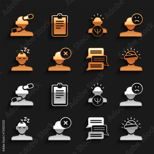 Set Solution problem in psychology, Sad and depressed man, bad mood, Concussion, headache, Online psychological counseling, Dreams, Psychology, Sedative pills and Psychological test icon. Vector