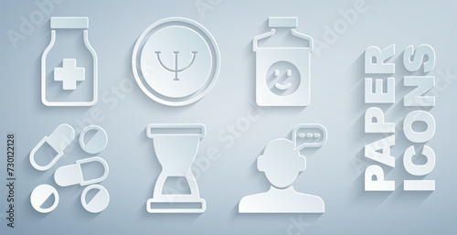 Set Old hourglass, Antidepressants, Medicine pill or tablet, Online psychological counseling, Psychology and Sedative pills icon. Vector