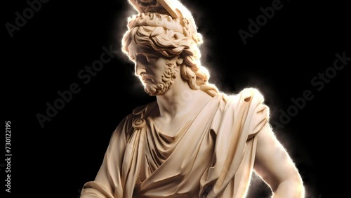 Ancient Greek sculpture of a head. Laser effect animation. Statue of a greek man on a black background isolated 4k photo