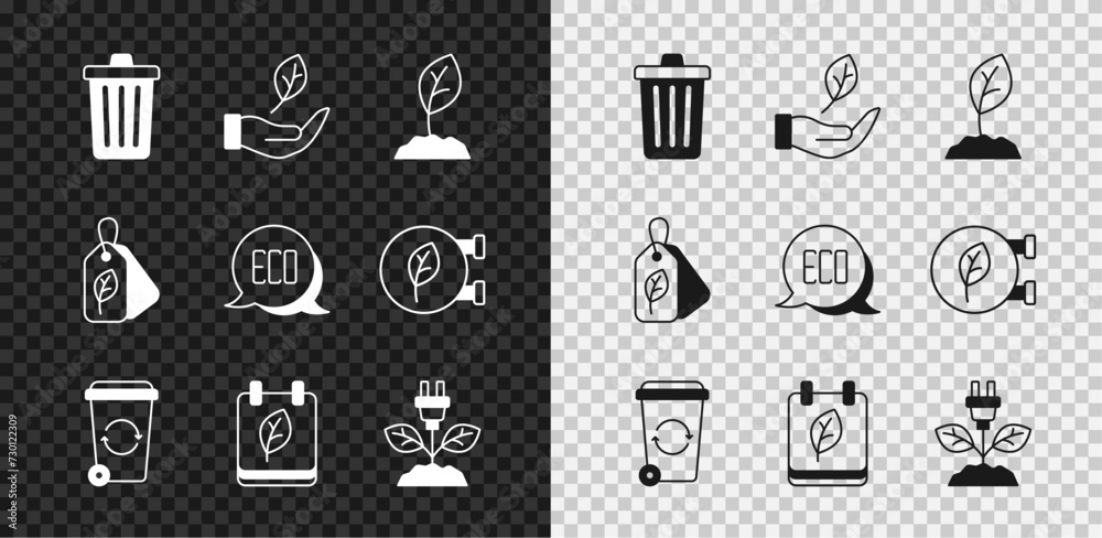 Fototapeta premium Set Trash can, Leaf in hand, Sprout, Recycle bin, Calendar with autumn leaves, Electric saving plug leaf, Tag and Eco symbol icon. Vector