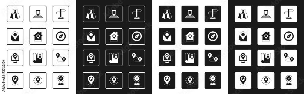 Set Road traffic sign, Location with house, Folded map location marker, Compass, Route and Monitor icon. Vector Set Road traffic sign, Location with house, Folded map location marker, Compass, Route and Monitor icon. Vector