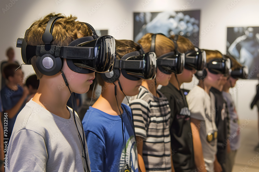 Kids wearing VR virtual reality headset, childrens using augmented reality, future technology Kids wearing VR virtual reality headset, childrens using augmented reality, future technology