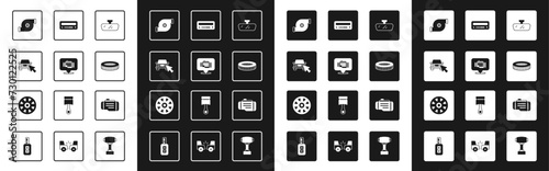 Set Car mirror, Check engine, Online car sharing, Automotive turbocharger, air filter, audio, and Alloy wheel for icon. Vector