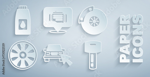 Set Online car sharing, Car brake disk with caliper, Alloy wheel for, key remote, Check engine and Canister motor machine oil icon. Vector