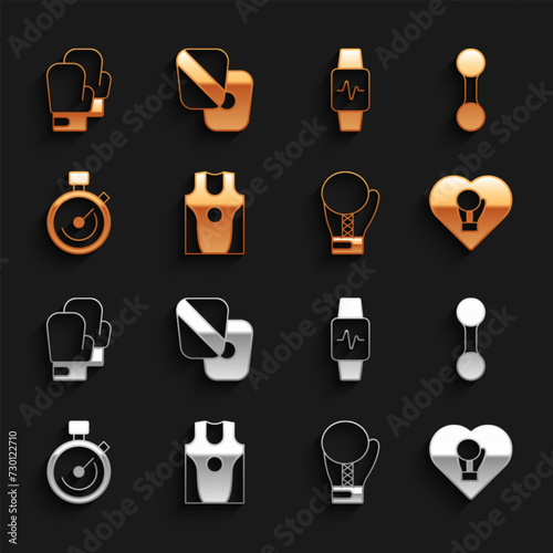 Set Boxing jersey and t-shirt, Dumbbell, glove, Stopwatch, Smart with heart, and training paws icon. Vector