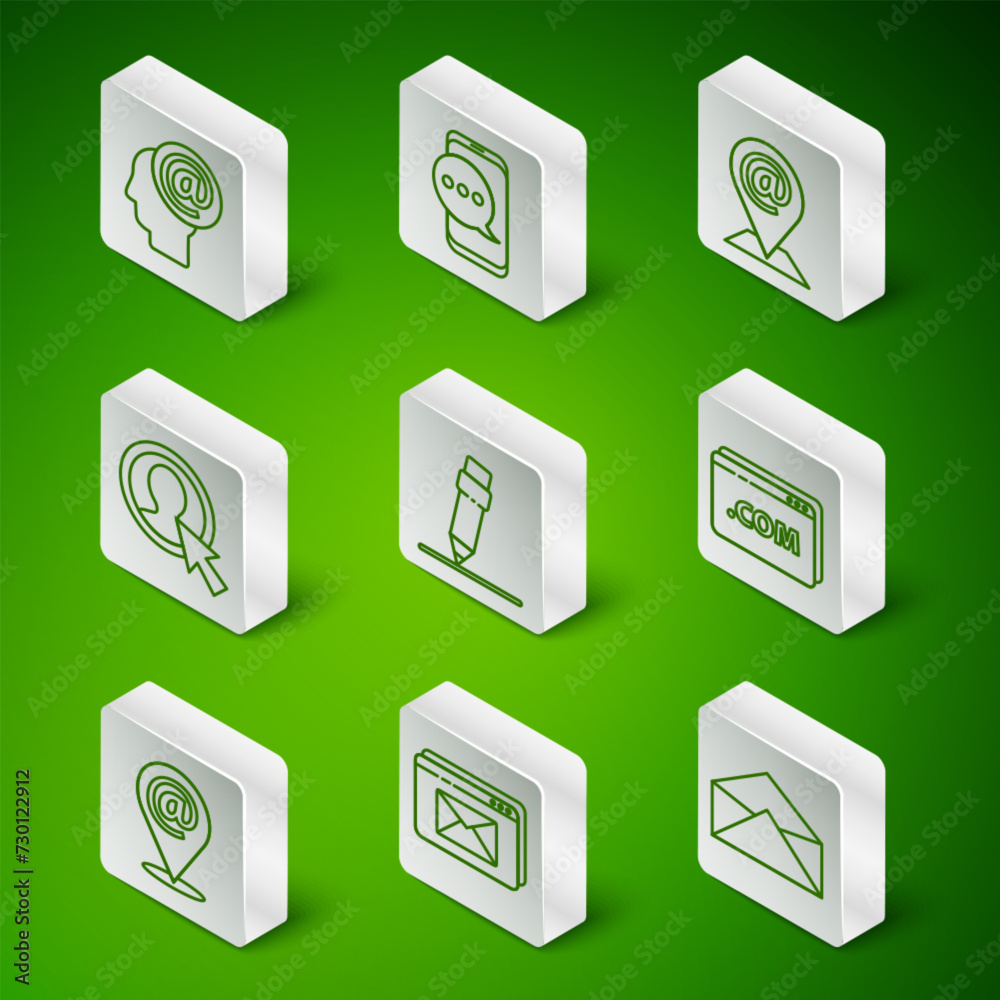 Set line Envelope, Website and envelope, Mail e-mail, Pencil with eraser, Create account screen, Chat messages notification on phone, Location and template icon. Vector Set line Envelope, Website and envelope, Mail e-mail, Pencil with eraser, Create account screen, Chat messages notification on phone, Location and template icon. Vector