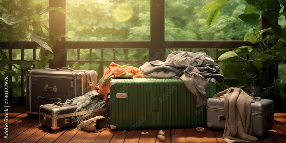spring luggage blanket glimpse of scarf and blanket on wooden floor, View of suitcases
