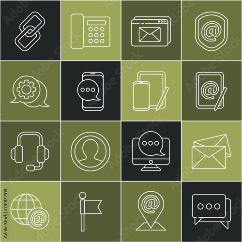 Set line Speech bubble chat, Envelope, Mail and e-mail, Website envelope, Chat messages notification on phone, Chain link and Phone graphic tablet icon. Vector