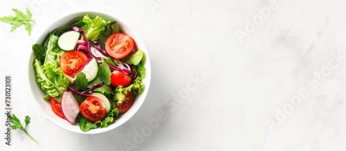 Fresh healthy green salad in a white bowl isolated on a white background. AI generated image