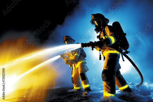 Firefighter works in burning building fireman on flame back view background, Fireman wearing firefighter and helmet prepare for fight with fire