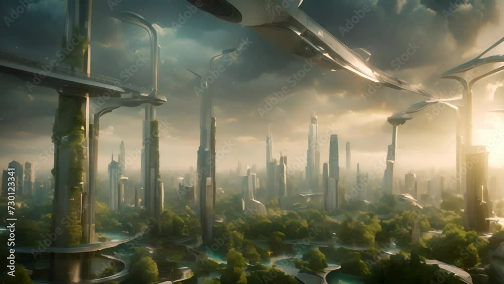 Vidéo Stock A cityscape with towering skyscrapers and lush greenery ...